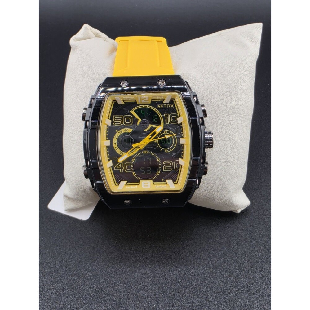 Activa Quartz Tonneau Multi-Dial Watch Yellow Rubber Strap 44-47.9mm 50m